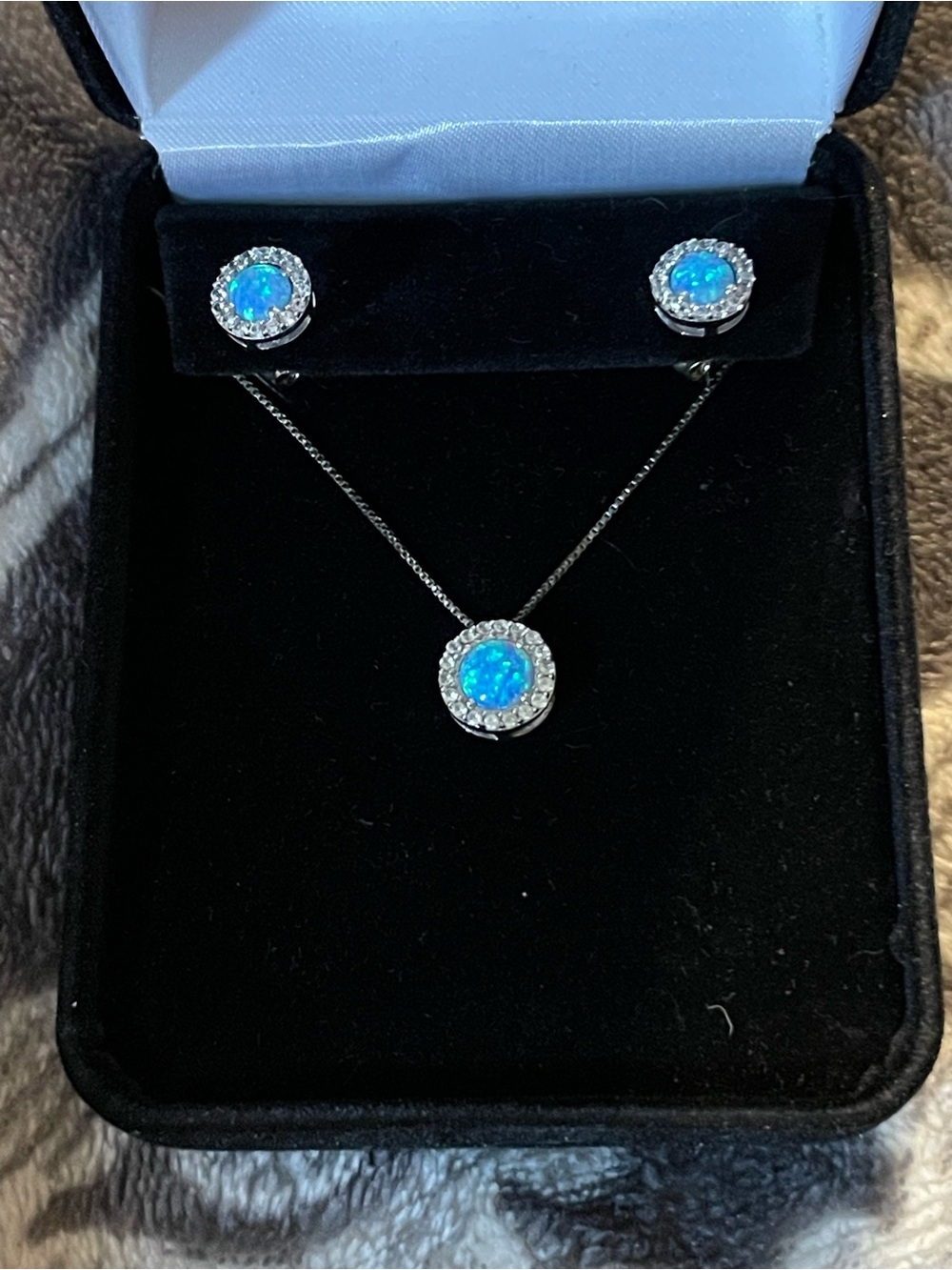 Blue Opal Halo Necklace and Stud Earrings Set